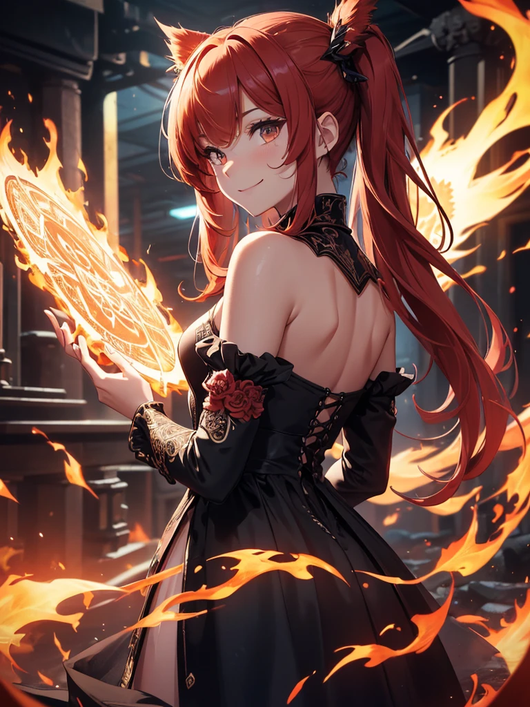 (((best quality, sharp image, clear image, cinematic lighting, 8k resolution, masterpiece, ultra detailed, intricate))) Girl, (((looking over left shoulder))), (shot from behind), ((shot from hip up)), fiery red hair, pigtails, ((intricate black dress)), ((flaming sigils, flaming runes)), spiky rock formations, (flaming lotus flowers frame), (intricate background), ((Phoenix)), (swirling flames), smiling