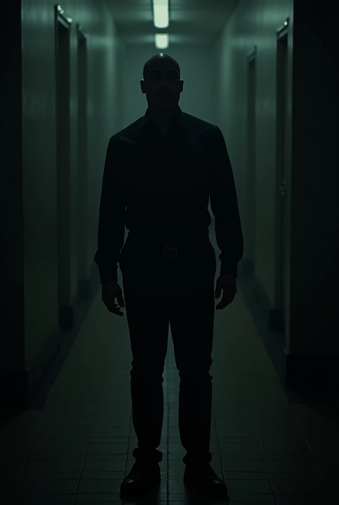 A 40-year-old black man standing in a very dark place wearing dark pants and a dark shirt.