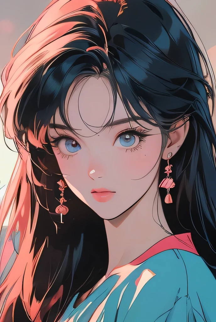 a beautiful anime girl with long turqoise hair and a red hair bow, wearing a shirt, (best quality,4k,8k,highres,masterpiece:1.2),ultra-detailed,(realistic,photorealistic,photo-realistic:1.37),retro anime style, 80s anime art, beautiful detailed vivid eyes,beautiful detailed lips,extremely detailed eyes and face,longeyelashes,detailed anime portrait,intricate details,vivid colors,cool lighting,cinematic composition