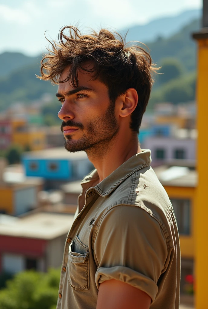 Male profile photo , attractive face, hazelnut eyes, perfect chin and jaw , beautiful nose, brown unruly hair, wears a torn shirt with holes , gorgeous body, is in a favela with Brazilian houses