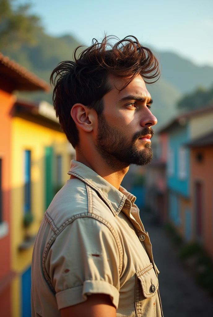 Male profile photo , attractive face, hazelnut eyes, perfect chin and jaw , beautiful nose, brown unruly hair, wears a torn shirt with holes , gorgeous body, is in a favela with Brazilian houses 