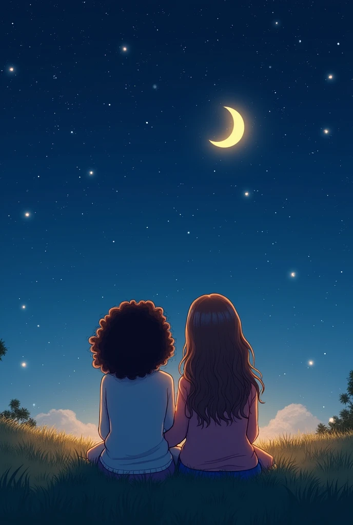 Draw two women with their backs to the viewer, looking up at the night sky, One of them with short hair, down past her shoulders, curly, and the other with hair down to her waist, wavy.

I want the drawing to be in a cute animated style and for them to be sitting.
