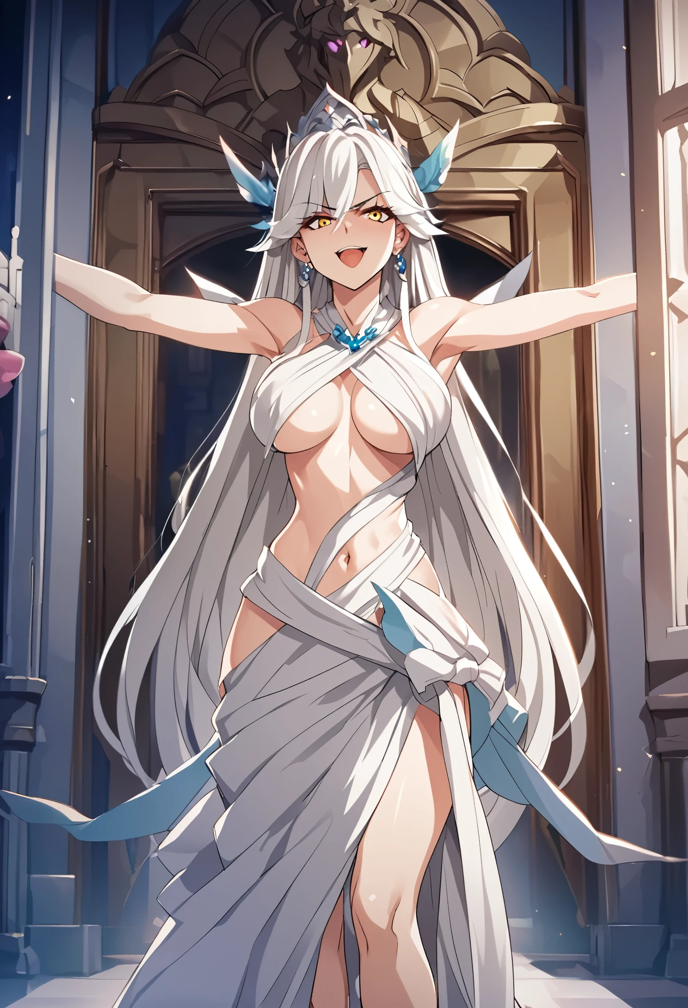 vysis, white hair, long hair, yellow eyes, medium breasts, anime coloring, blush, lipstick, long hair,  Hot girl, baddie, staring, glaring, bad attitude, mean girl, dare, angry, hate, crazy,  holding a sword,  castle,inside castle, royal palace, masterpiece, best quality, highly detailed, a anime girls in long dress with navel cutout posing for a
picture, evil smile, smile, open mouth, (nsfw) not safe for work, revealing dress, beautiful dress center
opening , long dress with bellybutton showing, ecchi anime style, anime girls, ecchi style, ecchi, digital
anime art!!, in anime style, official artwork, visual novel cg, beautiful anime girl, anime style 4 k, exposed
navel, exposed bellybutton, jewelry, earrings, navel piercing