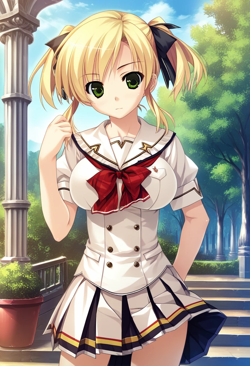 score_9, score_8_up, score_7_up, source_anime, best quality, masterpiece, hi res, game cg, very aesthetic, absurdres, rating_questionable, uncensored, shintaro_v2, 1girl, solo, standing, school uniform, blonde hair, short twintails, hair ribbon, green eyes, large breasts 