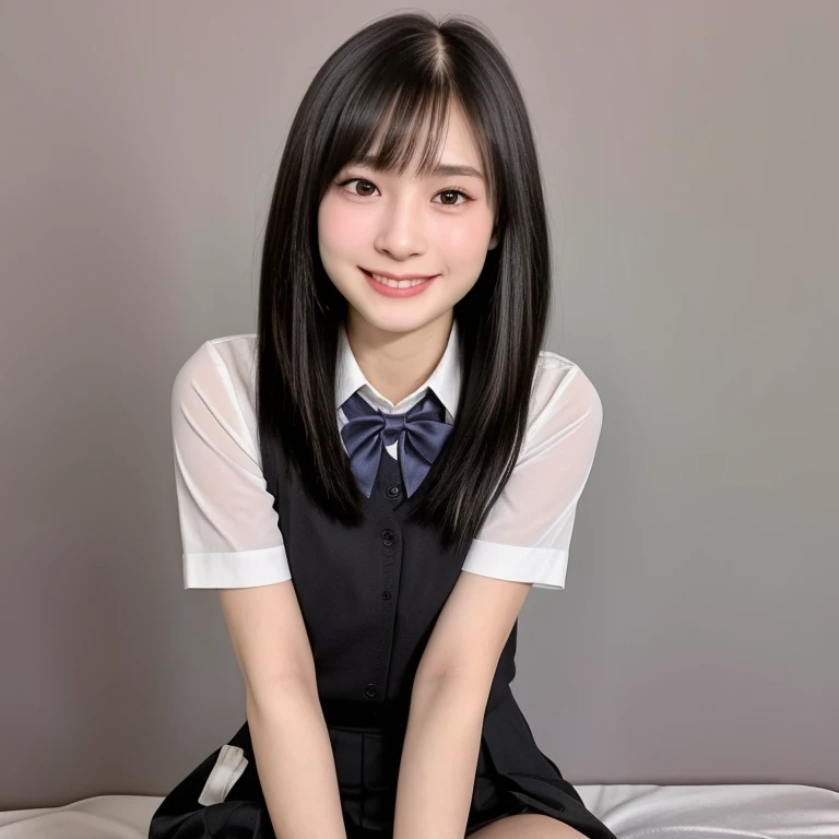 (kawaii 18 year-old Japanese girl, Nogizaka idol, Korean idol), healthy female athlete body, (glossy black hair, short hair, pixie cut, bangs:1.3), (rounded face, pure black eyes, single eyelid, no makeup, best smile:1.2), (wearing Japanese school uniforms, collared shirt, bow tie:1.3), extra small breasts, (plaid skirt, bare thighs visible:1.2), (high socks:0.8), BREAK, (simple grey background:1.3), (sitting on the bed, view from diagonally forward, cowboy shot, thigh focus:1.2), BREAK, (masterpiece, best quality, photo realistic, official art:1.4), (UHD, 8K quality wallpaper, high resolution, raw photo, golden ratio:1.3), (shiny skin), professional lighting, physically based rendering, award winning, (highly detailed skin, extremely detailed face and eyes, anatomically correct body), Carl Zeiss 85 mm F/1.4, depth of field, 1girl, solo,