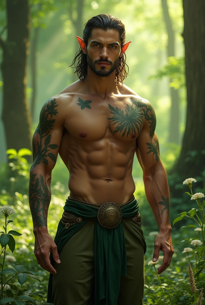 Elf Man ,BROWN SKIN, with green eyes, Unclothed, with the body well detailed