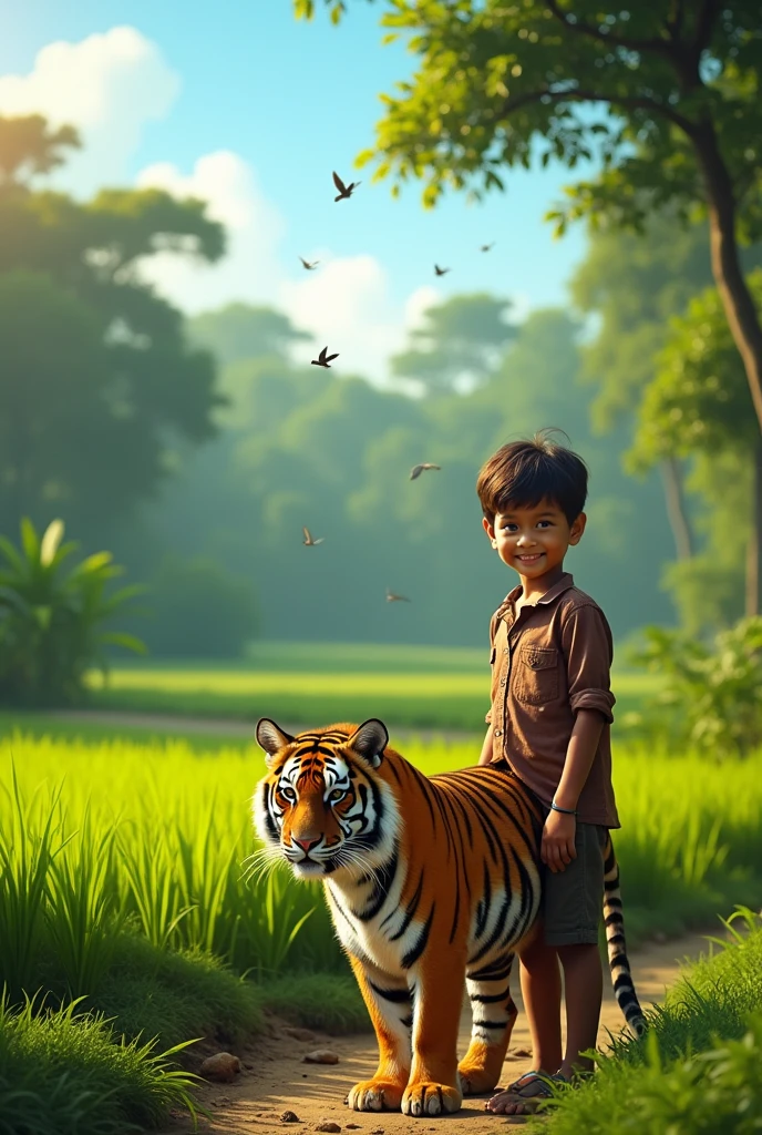 A boy finding a injured tiger lying sown