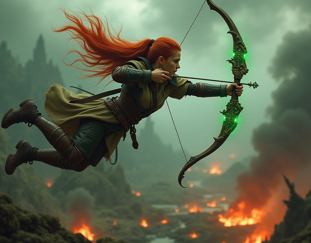 Cinematic 75mm Epic fantasy art from above and behind a druidic archer girl with flowing red hair tied into a large pony tail. Wielding a bow and arrow. She is dressed in leather and fur with metalic brass accents. She is leaping through the air, mystical green light trailing behind her giving her a godly powerful aura. A cracking golden light adorns the tip of her arrow in flight. she takes aim at a furry gnoll warrior who is gnashing sharp fangs dripping with saliva from the ground. The backdrop is a war-torn battlefield of burning trees and shattered ground. Animals are fleeing. The woman is dressed in meticulously detailed leathers and furs that appear both battle-worn and mystical, with textures and patterns inspired by the the forest and divinity. The furs seem alive with magic energy, giving the impression that it is part of the world. They hold a grand, ornately designed longbow, which shines with muted, enchanting green light, its wood adorned with intricate engravings of futhark runes. Surrounding the woman is a dramatic war torn land: fierce fires blaze across dark, sprawling treelines, casting dynamic shadows and highlights. The ground below is rendered with lifelike craters, illuminated by sporadic flashes of spells and fire. The entire scene is bathed in a dramatic, celestial light, creating a striking contrast between the war’s chaos and the woman’s commanding serenity. The gnoll is vicious, teeth chipped and fur torn and scarred.