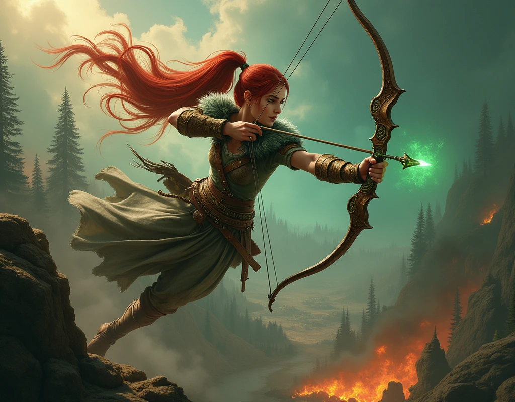 Cinematic 75mm Epic fantasy art from above and behind a druidic archer girl with flowing red hair tied into a large pony tail. Wielding a bow and arrow. She is dressed in leather and fur with metalic brass accents. She is leaping through the air, mystical green light trailing behind her giving her a godly powerful aura. A cracking golden light adorns the tip of her arrow in flight. she takes aim at a furry gnoll warrior who is gnashing sharp fangs dripping with saliva from the ground. The backdrop is a war-torn battlefield of burning trees and shattered ground. Animals are fleeing. The woman is dressed in meticulously detailed leathers and furs that appear both battle-worn and mystical, with textures and patterns inspired by the the forest and divinity. The furs seem alive with magic energy, giving the impression that it is part of the world. They hold a grand, ornately designed longbow, which shines with muted, enchanting green light, its wood adorned with intricate engravings of futhark runes. Surrounding the woman is a dramatic war torn land: fierce fires blaze across dark, sprawling treelines, casting dynamic shadows and highlights. The ground below is rendered with lifelike craters, illuminated by sporadic flashes of spells and fire. The entire scene is bathed in a dramatic, celestial light, creating a striking contrast between the war’s chaos and the woman’s commanding serenity. The gnoll is vicious, teeth chipped and fur torn and scarred.