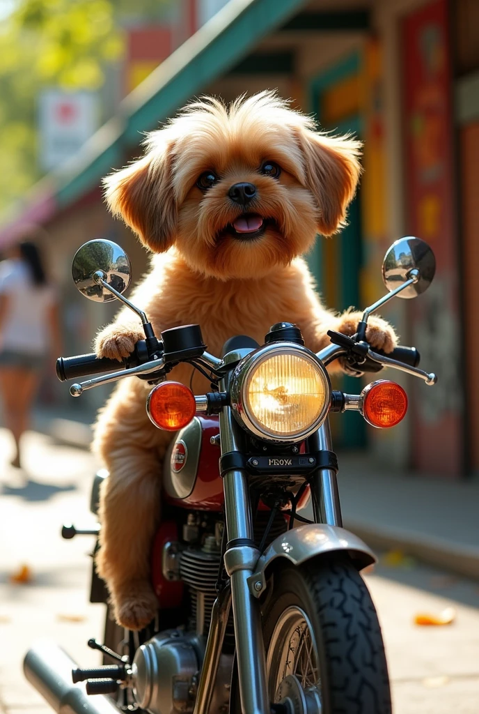 brown male Shitzu riding a two-stroke rx100 motorcycle

