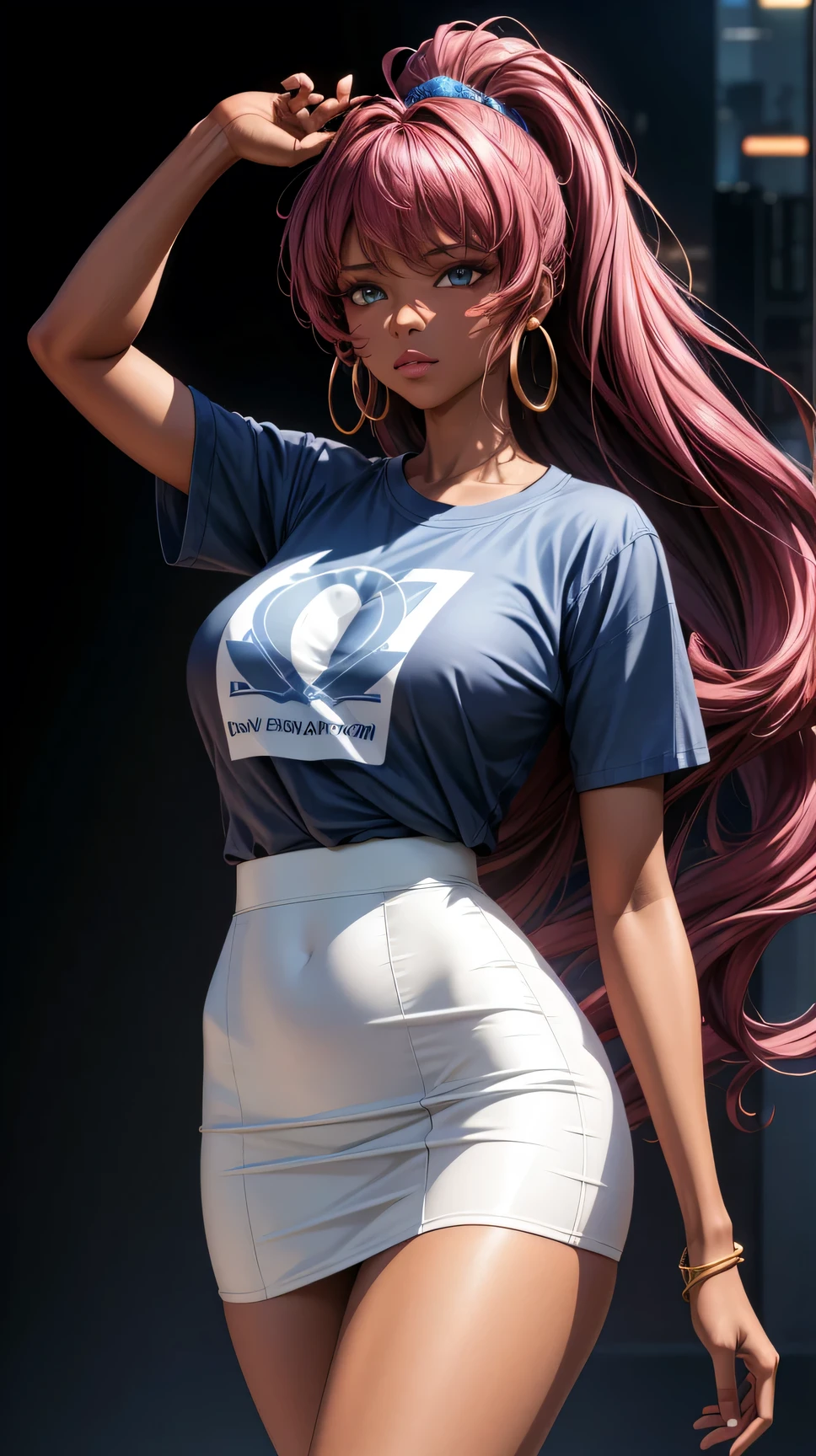 (best quality:1.5, highres, UHD, 4K, detailed lighting, shaders), curly floral haired, gradient hair, large breasts, suit, T-shirt,( social shirt, write "The Thinker" on a shirt), short skirt, mature woman , (pov), white background, colorful eyeshadow, dramatic lighting, sparkling eyes, sensual expression, golden earrings, flowing hair, delicate facial features, dark skin, high cheekbones, urban setting, black background, dont look for the camera, lean forward,  behind  the camera
