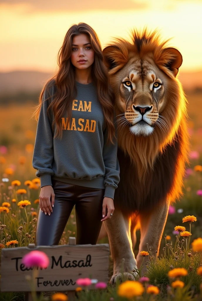 Create a detailed 3D model of a young woman with light brown eyes, long brown hair, wearing leather pants and a sweatshirt that says 'Team Masad', y un enorme leon ojos cafe claros que este parado alrededor de un hermoso prado lleno de flores lindas y un hermoso atardecer y un rotulo de madera que diga Team masad forever ♡ te quiero♡
