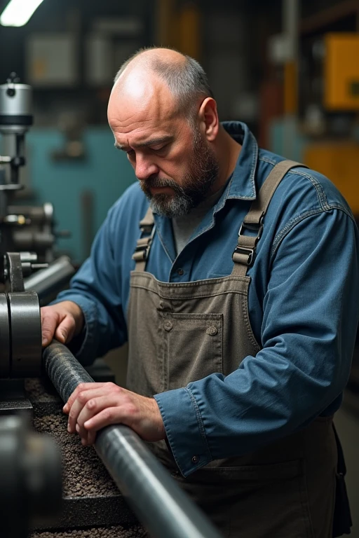 1 man, factory worker, parts manufacturer, using a conventional lathe, The chips are splashing to the sides as the man is turning a shaft approximately 150 millimetres in diameter and about 500 millimetres long.