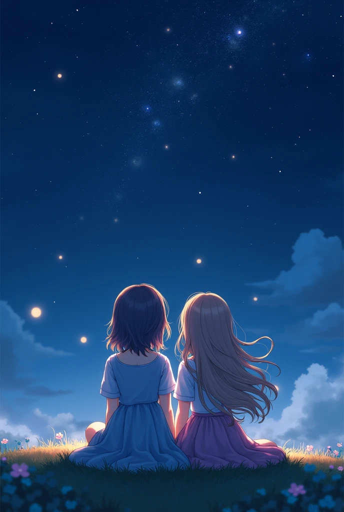 Draw two women with their backs to the viewer, looking up at the night sky, One of them with short hair down to her shoulders, very wavy, and the other with hair down to her waist, wavy.

I want the drawing to be in a cute anime style and have them sitting down.
