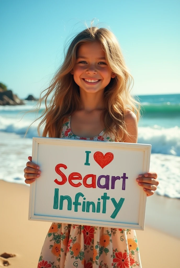 Beautiful girl with wavy long hair, bohemian dress, holding a white board with text "I Love Seaart Infinity" and showing it to the viewer