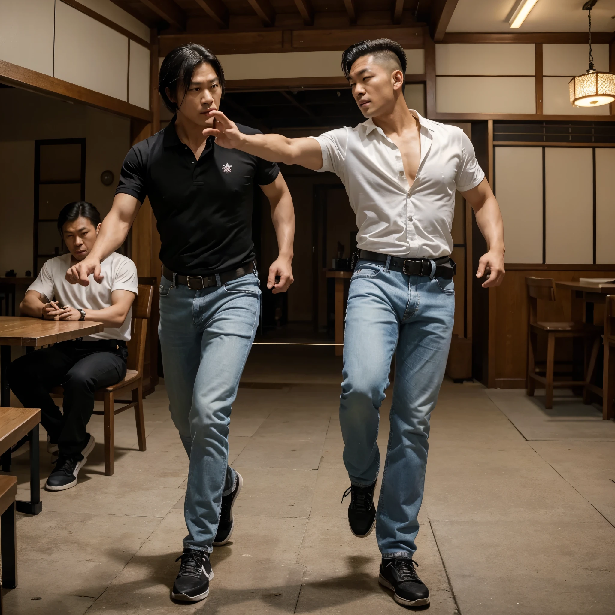 A still image of a Hong Kong movie male police officer and a gangster in a gunfight。authentic style,Full body picture,Positive view,Hong Kong 90s teahouse with tables and chairs around,A young man in plain clothes,Wearing an open-collared short-sleeved shirt+White vest,jeans,Black cloth shoes,Holding a silver Smith & Wesson & Wesson Model 10,Martial Arts Action,Shooting stunt action,jump,Vacated,panoramic,Hong Kong police and gangster action film elements incorporated into John Woo's work「Gun God」element,Capturing the shooting action scene。