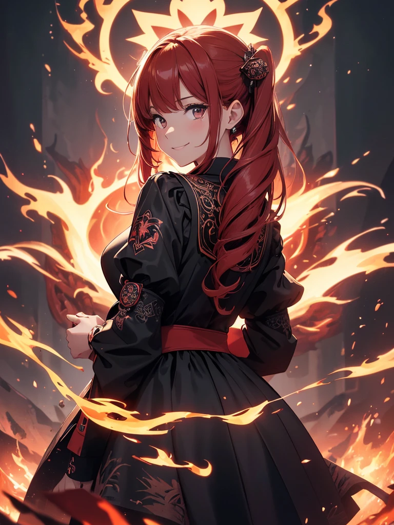 (((best quality, sharp image, clear image, cinematic lighting, 8k resolution, masterpiece, ultra detailed, intricate))) Girl, (((looking over left shoulder))), (shot from behind), ((shot from hip up)), fiery red hair, pigtails, ((intricate black dress)), ((flaming sigils, flaming runes)), spiky rock formations, (flaming lotus flowers frame), (intricate background), ((Phoenix)), (swirling flames), smiling