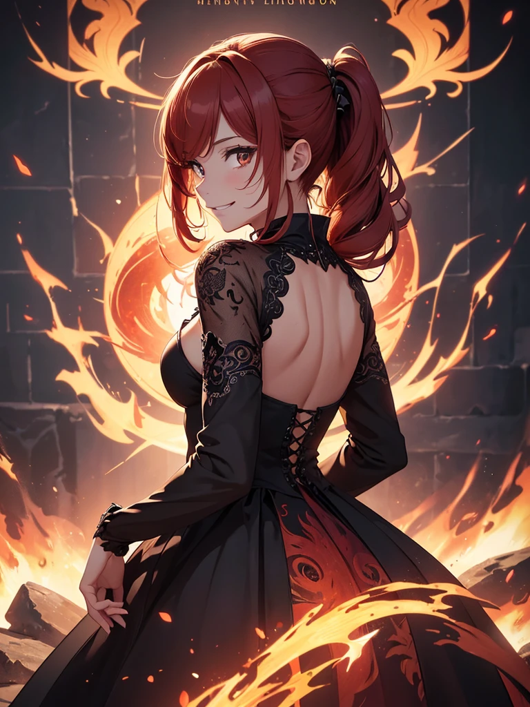 (((best quality, sharp image, clear image, cinematic lighting, 8k resolution, masterpiece, ultra detailed, intricate))) Girl, (((looking over left shoulder))), (shot from behind), ((shot from hip up)), fiery red hair, pigtails, ((intricate black dress)), ((flaming sigils, flaming runes)), spiky rock formations, (flaming lotus flowers frame), (intricate background), ((Phoenix)), (swirling flames), smiling