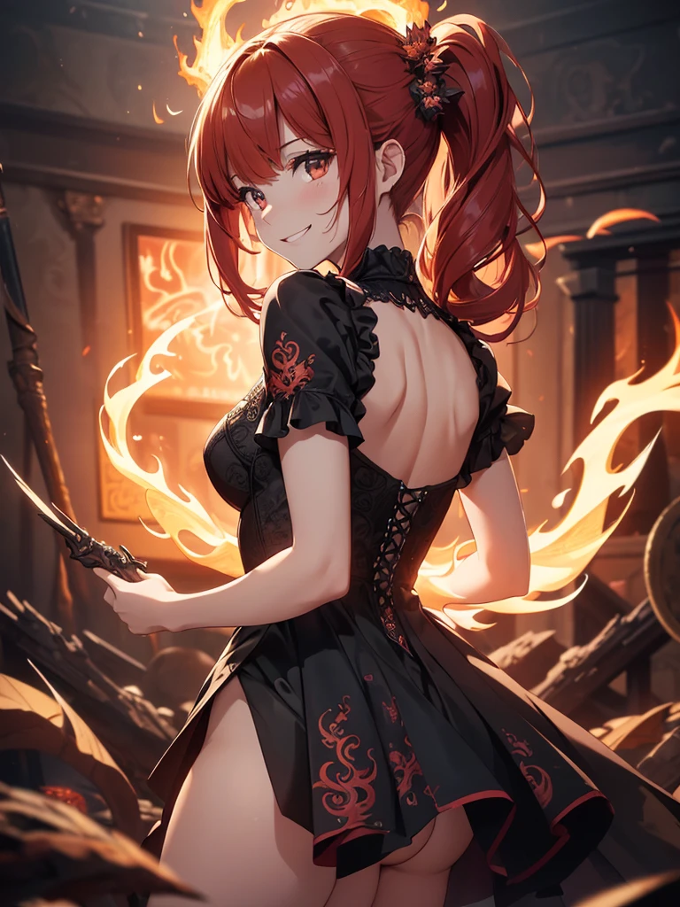 (((best quality, sharp image, clear image, cinematic lighting, 8k resolution, masterpiece, ultra detailed, intricate))) Girl, (((looking over left shoulder))), (shot from behind), ((shot from hip up)), fiery red hair, pigtails, ((intricate black dress)), ((flaming sigils, flaming runes)), spiky rock formations, (flaming lotus flowers frame), (intricate background), ((Phoenix)), (swirling flames), smiling