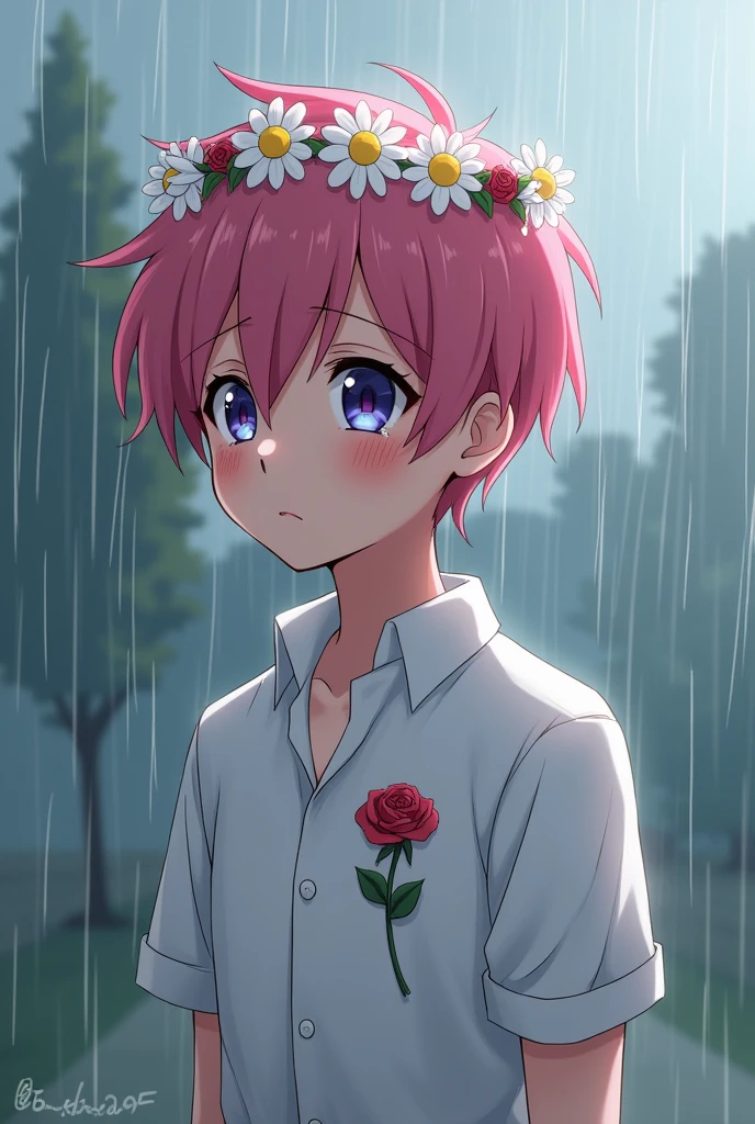 Teenage Chico
Young boy with pink hair wearing a daisy crown and a white shirt with a rose, with a sad face crying on a rainy day. Anime drawing style.