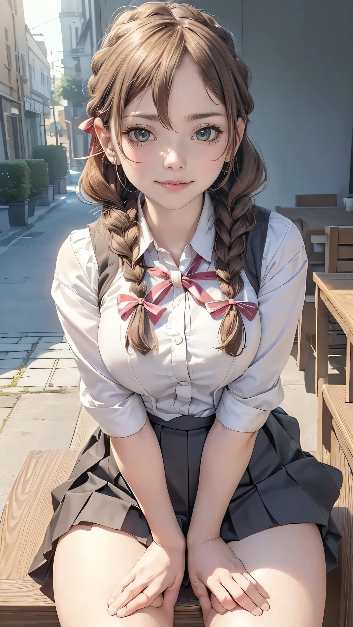 (depicting a single moment from a anime for adults), ((braid, glasses, pleated skirt, ribbon, round face, eyes with realistic sizing, drooping eyes, blush, shame smile, thin lips, spread legs)), (((standing and straddling to hit her crotch against the corner of the table for self pleasure))), open mouth, (outside, on the sidewalk, terrace table),