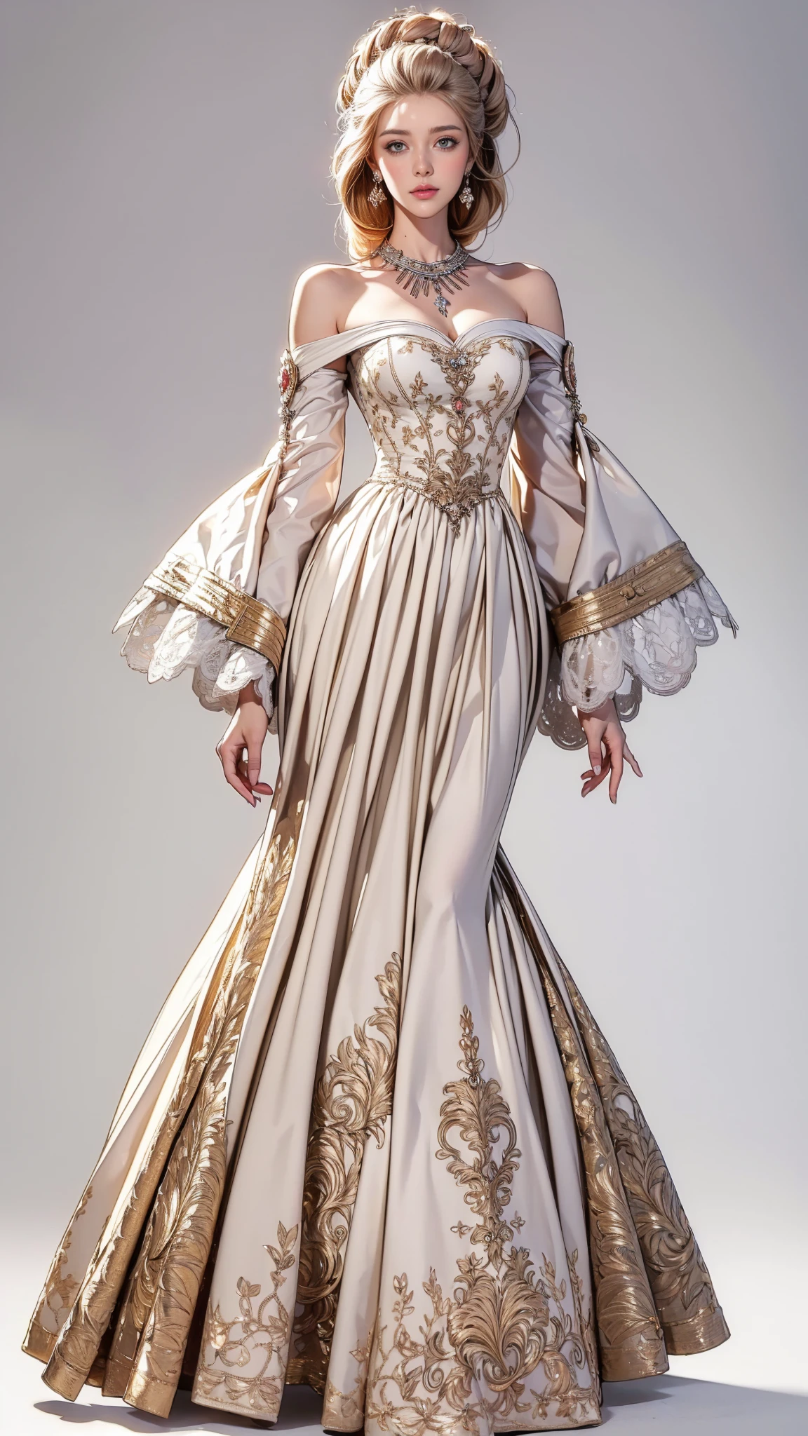 ((best quality, 4k, highres, masterpiece:1.2)), ((character concept art)), ((Marie Antoinette)), 1girl, beautiful detailed eyes, beautiful detailed lips, extremely detailed face, long eyelashes, voluminous blonde hair, modern-day elegance, wearing A chic off-the-shoulder blouse with intricate lace details, A high-waisted tailored skirt, a Designer high-heeled pumps adding height and sophistication, Accessories: Pearl earrings and a diamond necklace, reminiscent of her royal heritage, Background: A modern, luxurious setting with subtle nods to 18th-century opulence, The illustration captures her regal charm and modern-day fashion sensibility, (((intricate detail)), super finely detailed hands, ultra finely detailed fingers (((ten fingers))), (standing gracefully), (full body showcase), (show full body), (no logos on background), (no logo), ((plain background)), ((plain background)), (((empty background)))