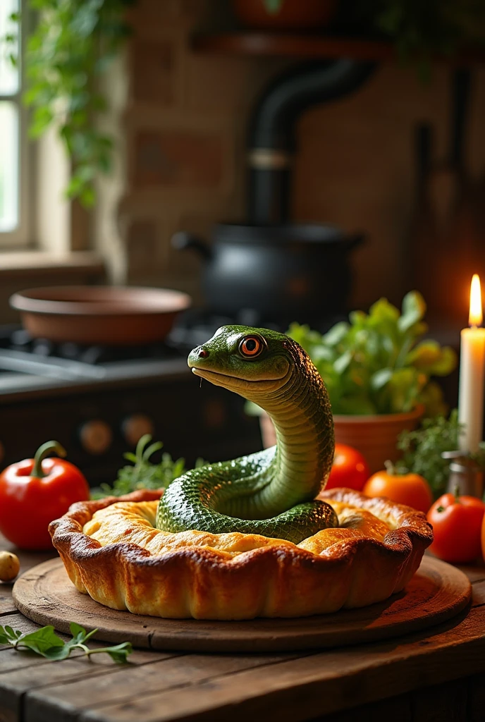 An eel pie with the eel's head sticking out of the pie