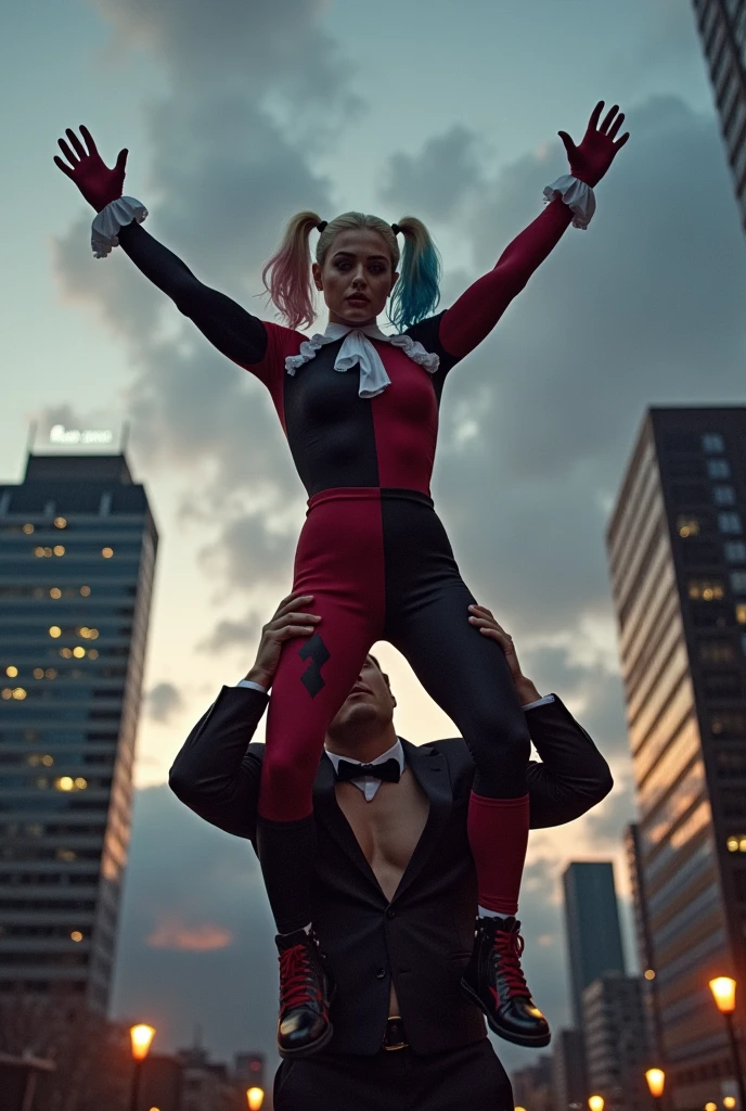Margot Robbie as Harley Quinn lifting a large man high above her head with her strong arms. Photorealistic. Wide angle. City skyline in the background.