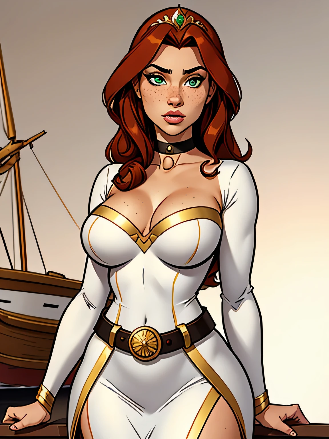 Thin woman, age 25, 4K (High definition), thoughtful, seducing gaze, greeneyes, wearing a tiara and a royal dress (gray and gold) with a boat neckline and long sleeves, choker on the neck, brown belt, Caucasian skin, long curly red hair, standing (upper body), full of curves with freckles across her chest and neck, natural round breasts. Marvel style high quality, white background.