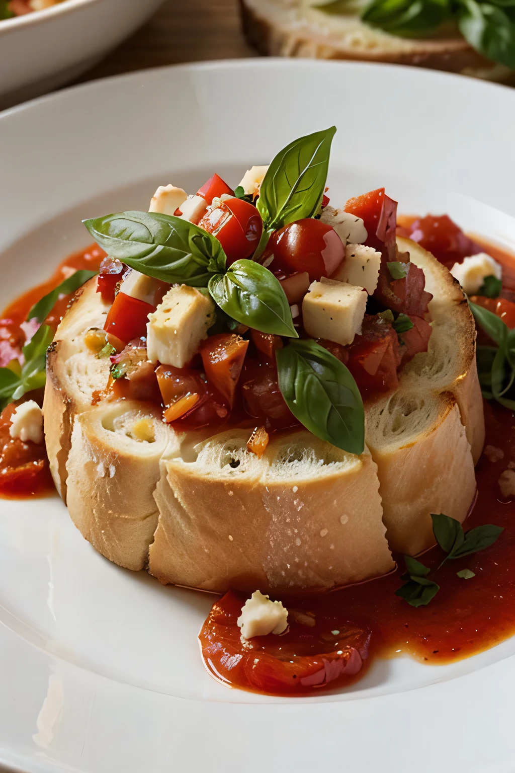 I want you to make a photo-like image of an Italian dish, Bruschetta al Pomodoro, which I need for the image that is going to be shown on the menu of an Italian restaurant, the dish should look as real as possible and the artistic trend should be impressionism.