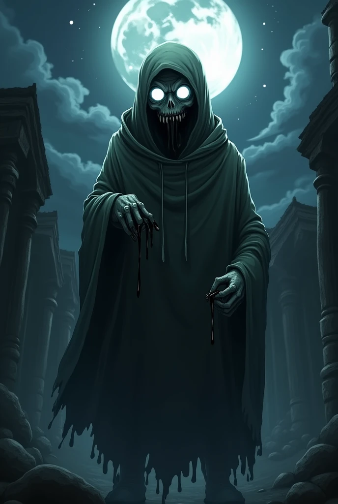 A Kimetsu no Yaiba type anime demon with human form which gives off shadows from its body, It's devouring a human, this monster has white eyes similar to a lantern, its skin is pale and it's weeping a viscous black liquid, This demon wears a sack which only reveals his eyes.