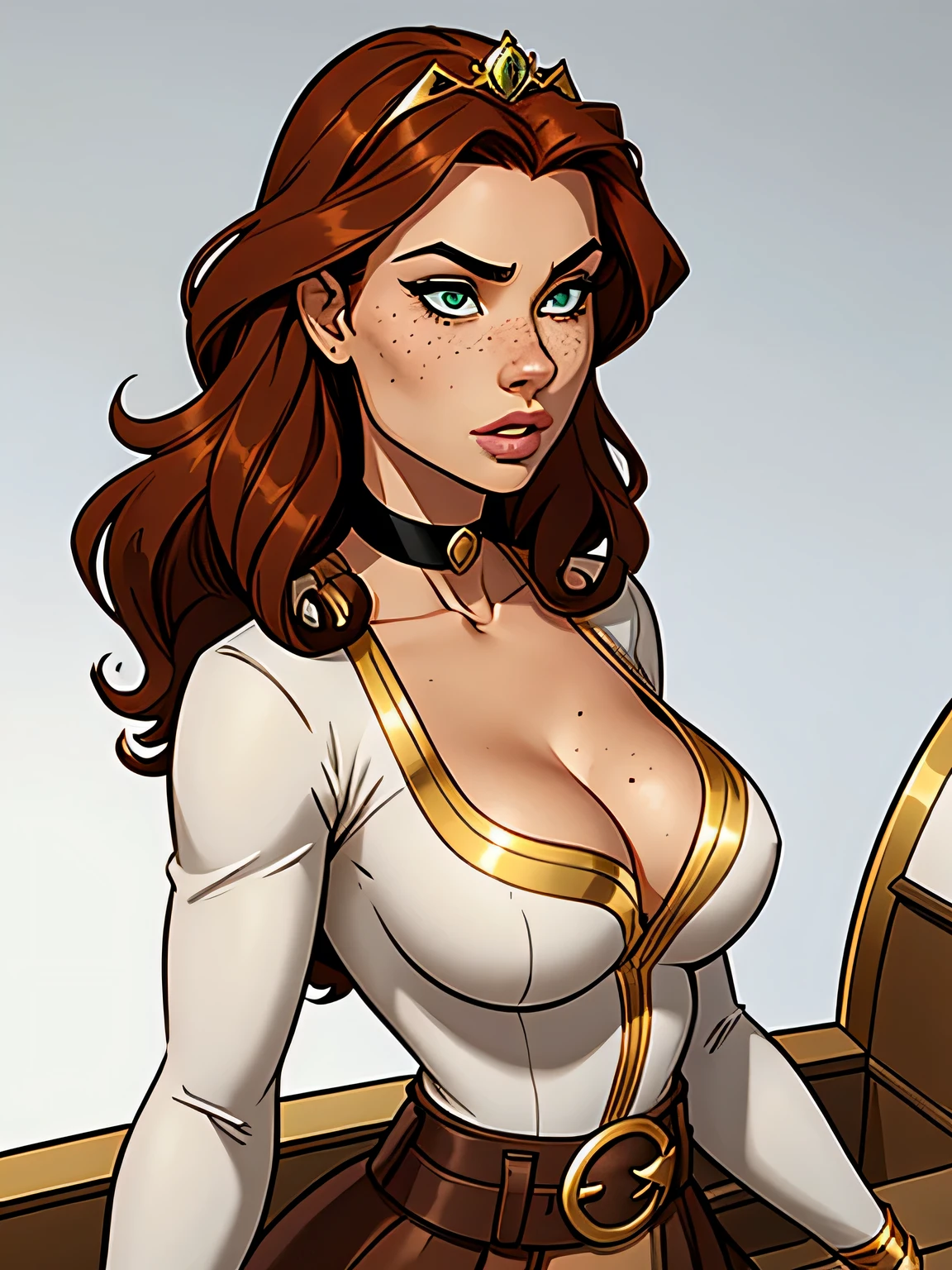 Thin woman, age 25, 4K (High definition), thoughtful, seducing gaze, greeneyes, wearing a tiara and a royal dress (gray and gold) with a boat neckline and long sleeves, choker on the neck, brown belt, Caucasian skin, long curly red hair, standing (upper body), full of curves with freckles across her chest and neck, natural round breasts. Marvel style high quality, white background.