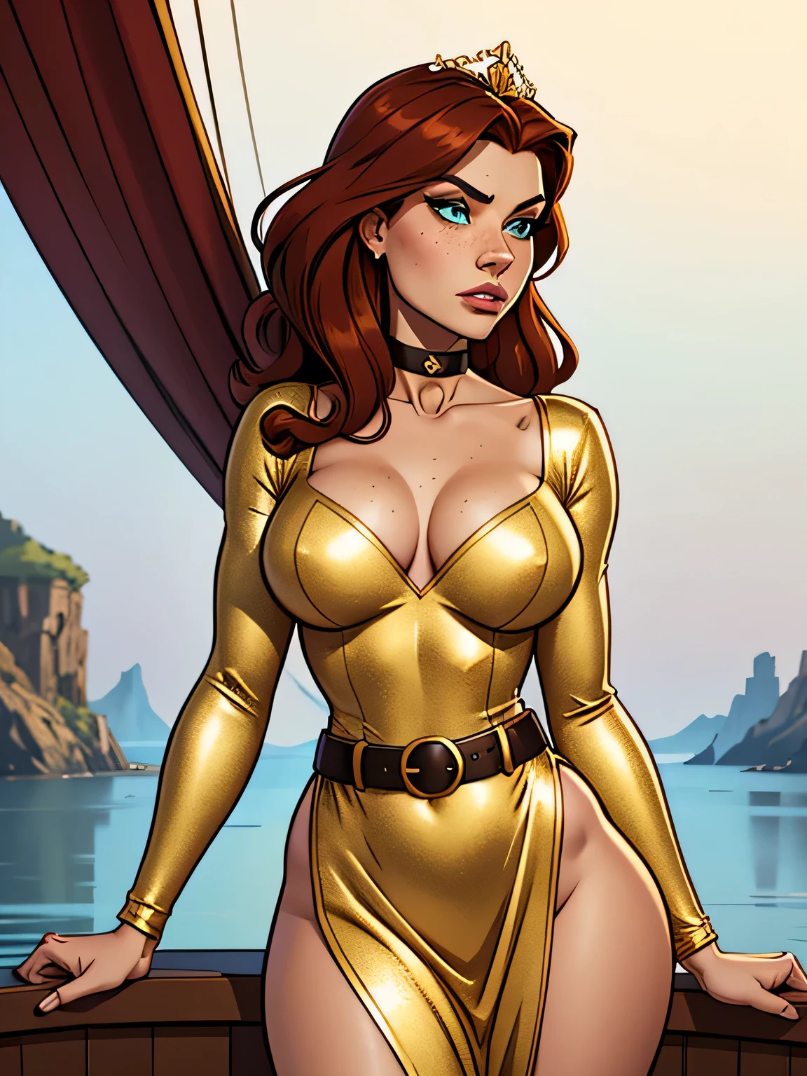 Thin woman, age 25, 4K (High definition), thoughtful, seducing gaze, greeneyes, wearing a tiara and a royal dress (gray and gold) with a boat neckline and long sleeves, choker on the neck, brown belt, Caucasian skin, long curly red hair, standing (upper body), full of curves with freckles across her chest and neck, natural round breasts. Marvel style high quality, white background.