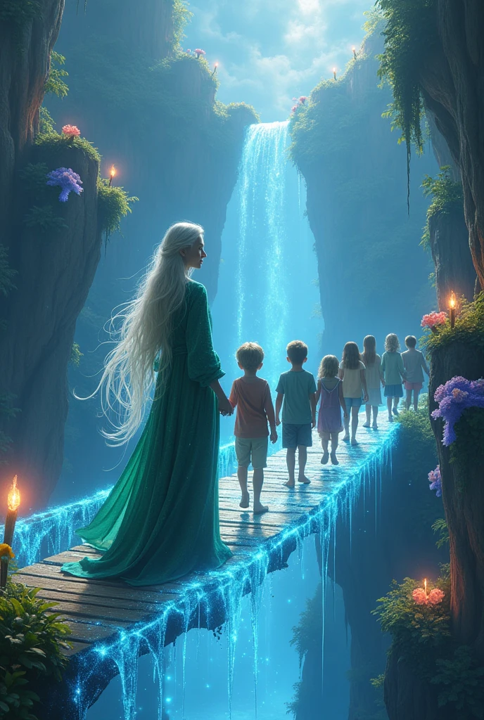 (photorealism:1.2), "Design a vibrant, 3D image of Elder Elara guiding a group of children across a bridge made of light. The bridge stretches over a magical chasm filled with floating islands and glowing creatures."