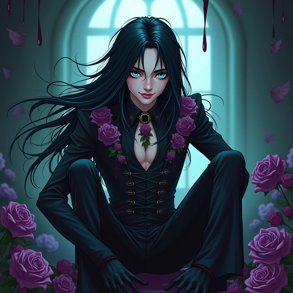 Male, sexy, long black hair, teal blue eyes, young, gothic clothes. delicate features, no facial hair, no body hair, seductive, white and pale. Roses. Purple and black. Long eyelashes. No facial hair. Man. Male. Smirking. No body or facial hair. Young male. Cartoon style.Male. Towering over the camera. Full body. Malicious. Sexy pose. Crossing his legs. Raising a brow. Blood. Scary atmosphere. Dark.