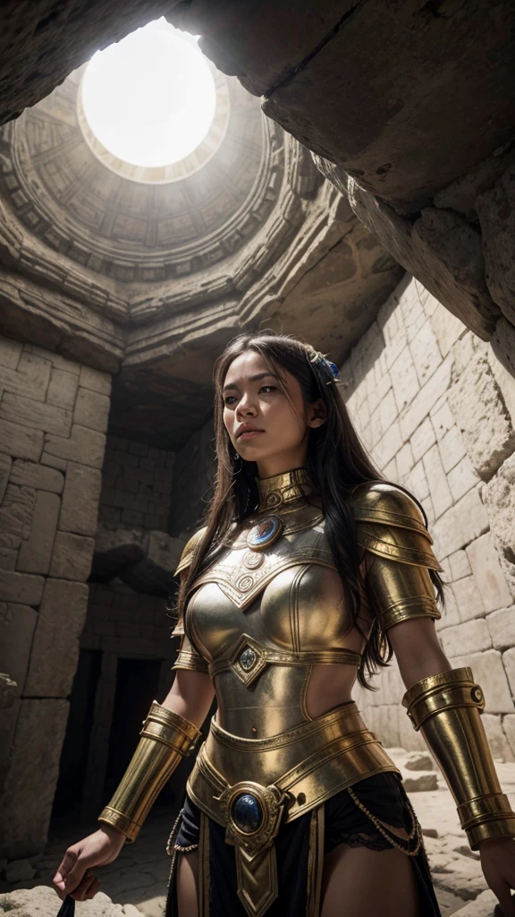 Woman with Mayan armor, inside a pyramid, while there is a solar eclipse