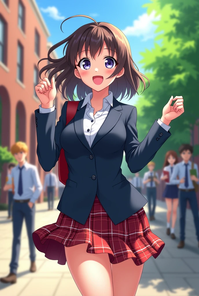 An animated woman in a college uniform without panties