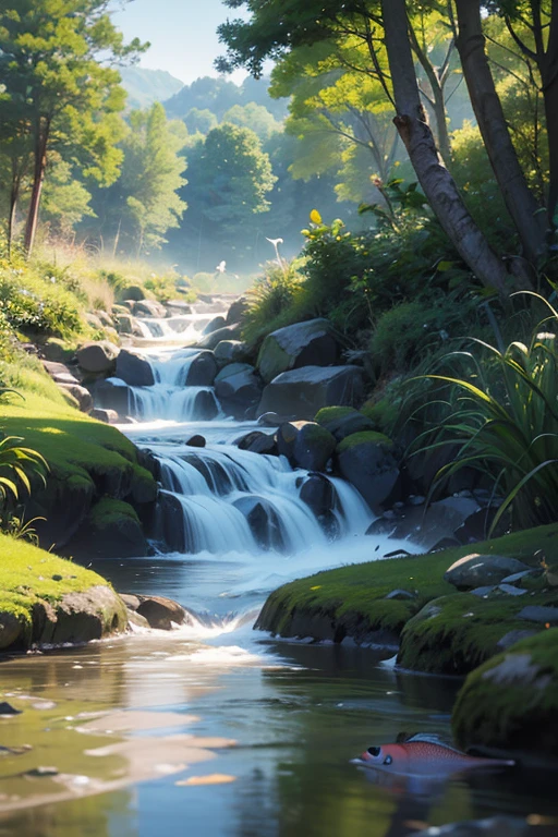 a peaceful Japanese countryside scene, a small stream flowing through, fish, birds, deer, raccoon dogs, children catching insects, detailed landscape, natural lighting, vibrant colors, realistic digital art, 8k, highly detailed, photorealistic, masterpiece, studio lighting, physically-based rendering, ultra-fine painting, sharp focus
