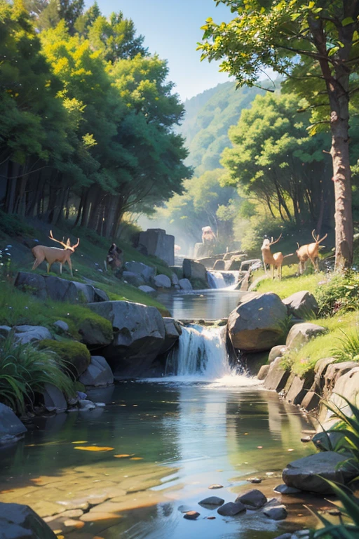 a peaceful Japanese countryside scene, a small stream flowing through, fish, birds, deer, raccoon dogs, children catching insects, detailed landscape, natural lighting, vibrant colors, realistic digital art, 8k, highly detailed, photorealistic, masterpiece, studio lighting, physically-based rendering, ultra-fine painting, sharp focus