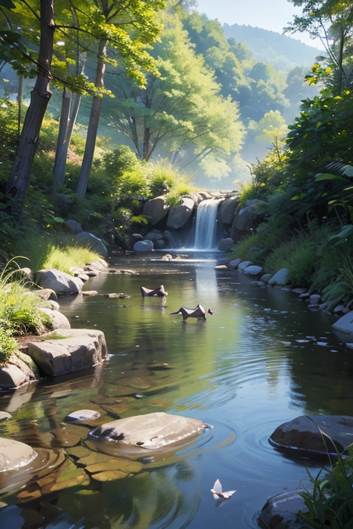 a peaceful Japanese countryside scene, a small stream flowing through, fish, birds, deer, raccoon dogs, children catching insects, detailed landscape, natural lighting, vibrant colors, realistic digital art, 8k, highly detailed, photorealistic, masterpiece, studio lighting, physically-based rendering, ultra-fine painting, sharp focus