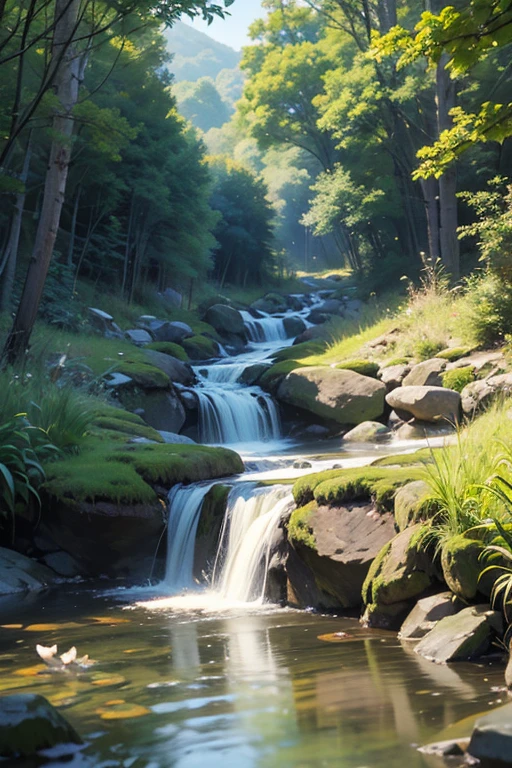 a peaceful Japanese countryside scene, a small stream flowing through, fish, birds, deer, raccoon dogs, children catching insects, detailed landscape, natural lighting, vibrant colors, realistic digital art, 8k, highly detailed, photorealistic, masterpiece, studio lighting, physically-based rendering, ultra-fine painting, sharp focus