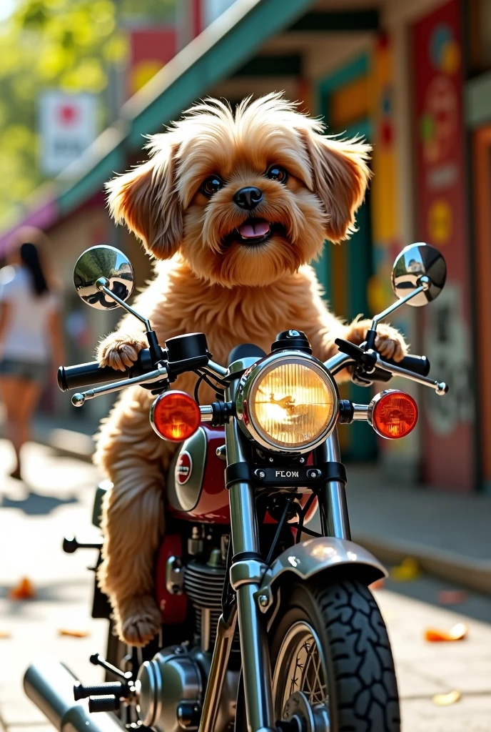 brown male Shitzu riding a two-stroke rx100 motorcycle