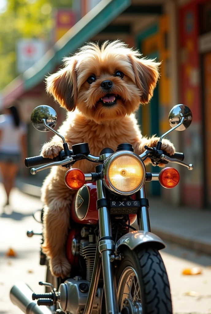 brown male Shitzu riding a two-stroke rx100 motorcycle


