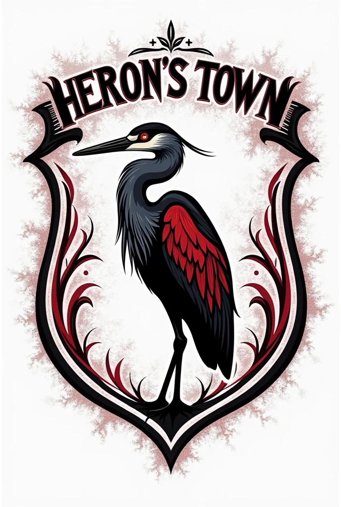 Create a png background emblem for a football club called Heron's Town, using black colors, Red and white, and placing a heron in the center of the image