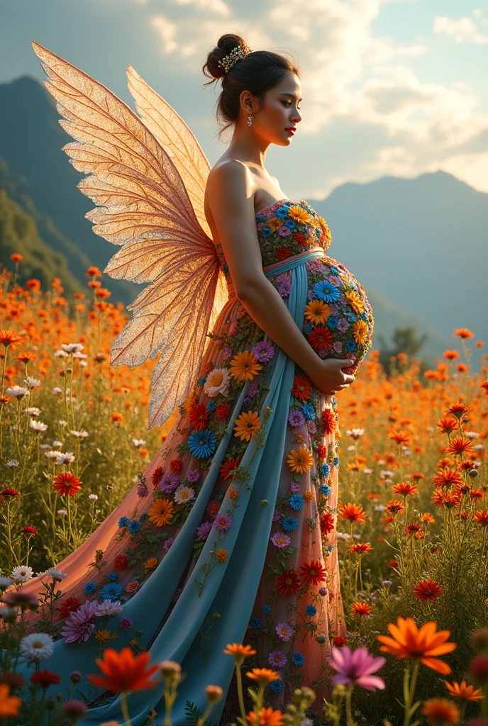 A pregnant woman with big breasts, wearing a dress made of flowers, under her feet and behind her is a forest of blooming flowers, with all kinds of flowers in many colors, each flower is blue, red, yellow, green, purple, with sunlight shining through the leaves, on the mountains in the distance are mountains with white clouds swirling around, wearing a gorgeous outfit, gorgeous dress, intricate dress, elegant fire dress, gorgeous and elegant, lavish dress, inspired by Hedi Xandt, gorgeous dress, intricate dress, gorgeous royal dress, gorgeous clothes, gorgeous dress, intricate and elegant, dress with intricate details, gorgeous, high heels, royal dress, detailed hands, Fire in the body, water on the dress, lightning element, fire element, lightning wings, full water, Transparent clothes, masterpiece, best quality: 1.2),, (8k, high resolution, RAW images, realistic, photorealistic: 1.3), (detailed skin texture, detailed cloth texture, detailed water, detailed trees, detailed textured flowers, detailed leaves, detailed colors, beautifully detailed faces: 1.25), professional lighting, photon mapping, beautiful soft lighting, brightness, physically based rendering, ray tracing, model shooting style, model shooting style, (Unity's super detailed 8k CG backgrounds), the world's most beautiful full body artwork, pregnant woman in a peach dress posing for a studio photo, flowing salmon-colored silk, pregnant belly, full body photoshoot, wearing long gown, studio portrait photography, pregnancy, full body portrait shot, studio photography portrait, full body wide shot, full length portrait, award winning studio photo, full body photograph, pregnant, full - length photo, maternal photography 4 k
