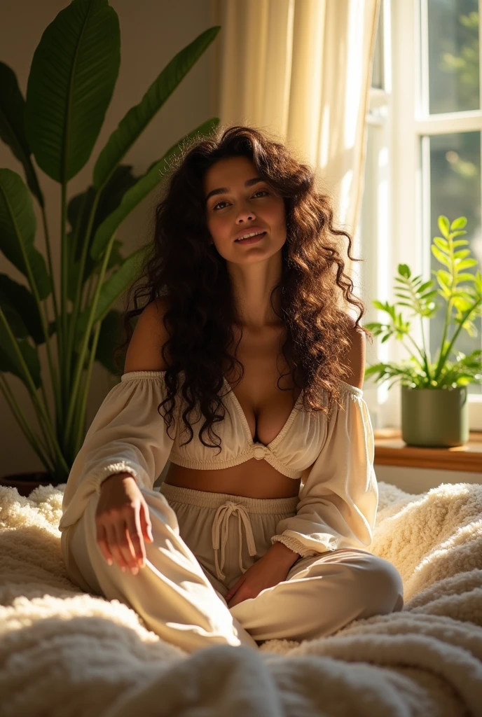 (photorealism:1.2), beautiful woman, sitting on bed, wearing loose off-shoulder top, pajama pants, long curly hair, indoors, soft lighting, plants in background, window with sunlight, cozy room, relaxed pose, realistic, intricate details, warm colors, by Greg Rutkowski, by Alphonse Mucha