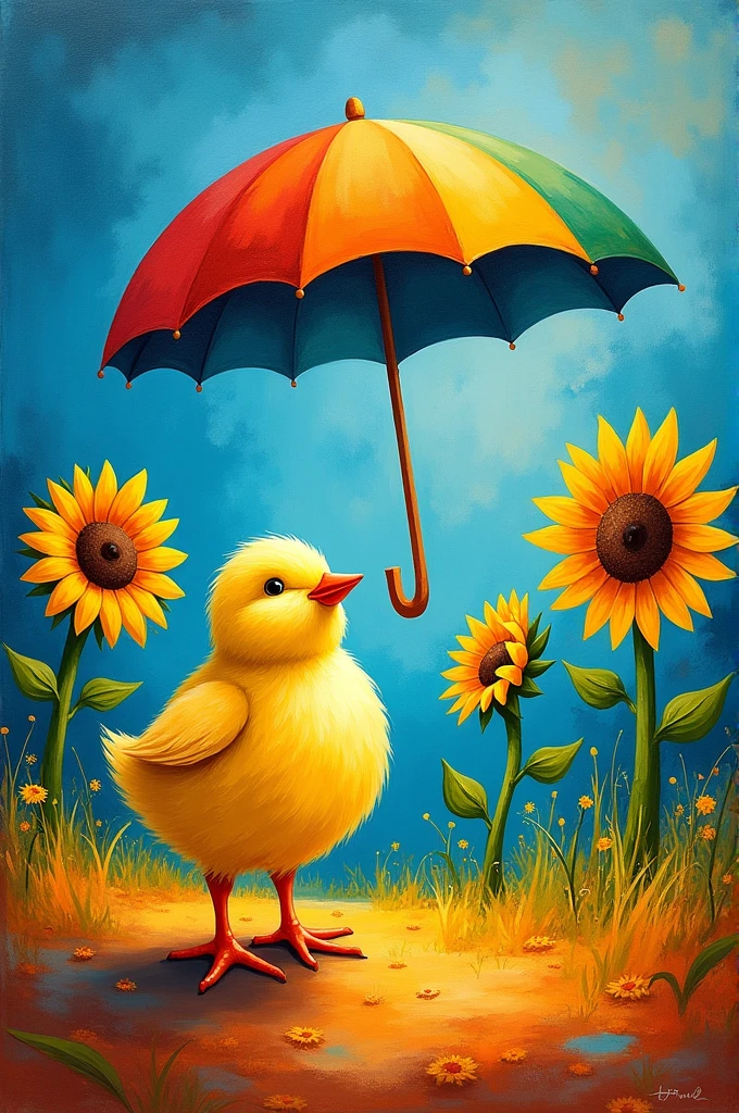 Drawing of a chick, sunflowers and an umbrella all in an abstract landscape