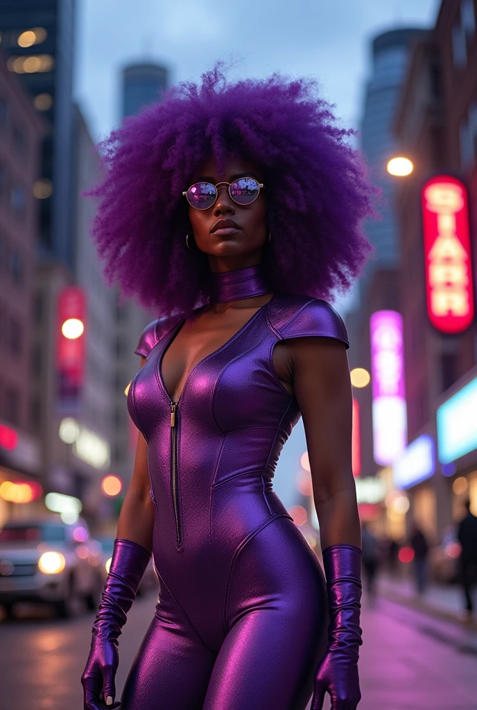 Young woman with large purple afro hair wearing mirrored sunglasses with a sexy hero costume