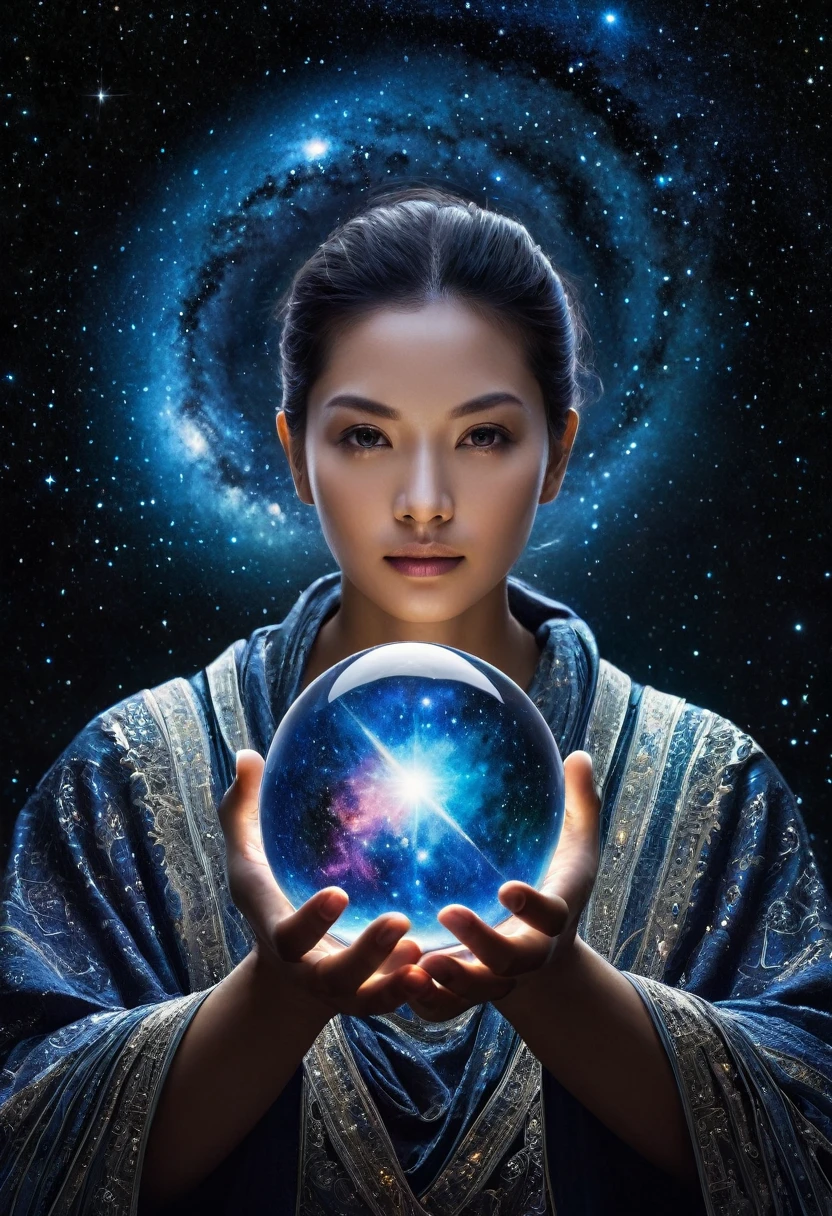 A cosmic, ethereal being stands in the vastness of space, embodying both the mystery and majesty of the universe. This guardian of the cosmos holds a glass orb in one hand, reflecting the world and the infinite universe within it. Its face is an endless void filled with stars, galaxies, and the cosmic night, representing the boundless expanse of space. The background is a deep, star-studded sky, evoking a sense of awe and reverence. The figure emanates a protective yet powerful presence, akin to a celestial overseer, its form blending seamlessly with the surrounding universe