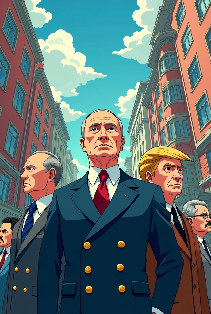 I want you to draw Vladimir Putin, Adolf Hitler and Donald Trump in anime style